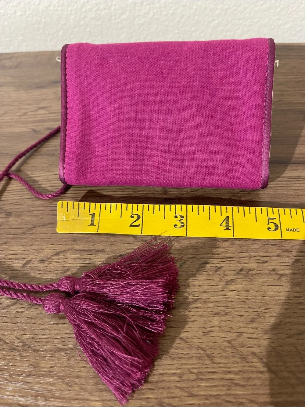 Sézane Cream Floral Crossbody Pouch with Plum Tassel Strap